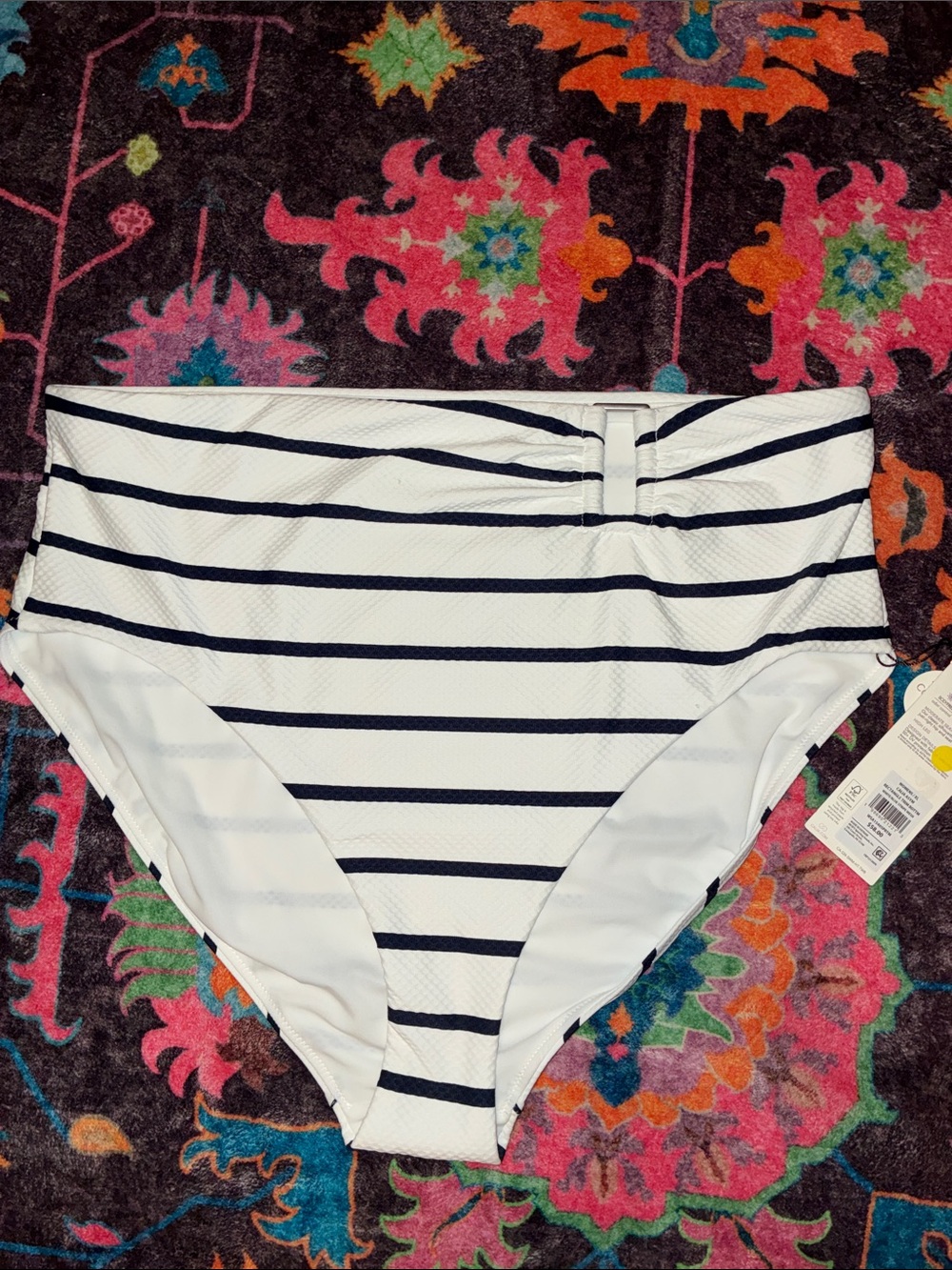 CALIA by Carrie Underwood White with Navy Stripes High-Waist Bikini Bottom